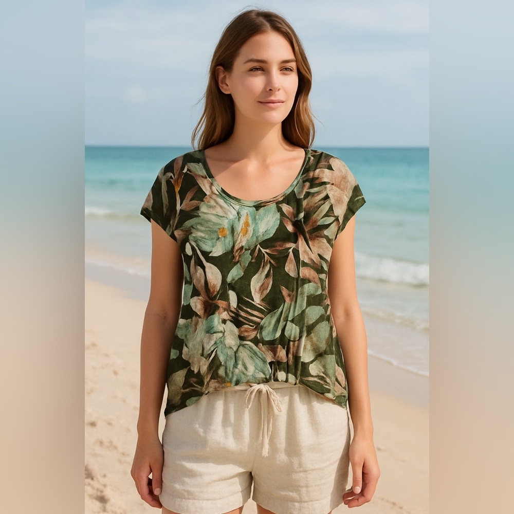 C&C California 100% Linen Multicolor‎ Leaf Print Short Sleeve Top Small